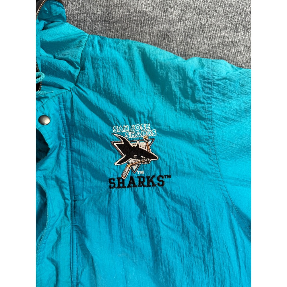 Vintage San Jose Sharks Jacket Mens Medium Teal Competitor 90s NHL Puffer Hooded - Picture 6 of 14